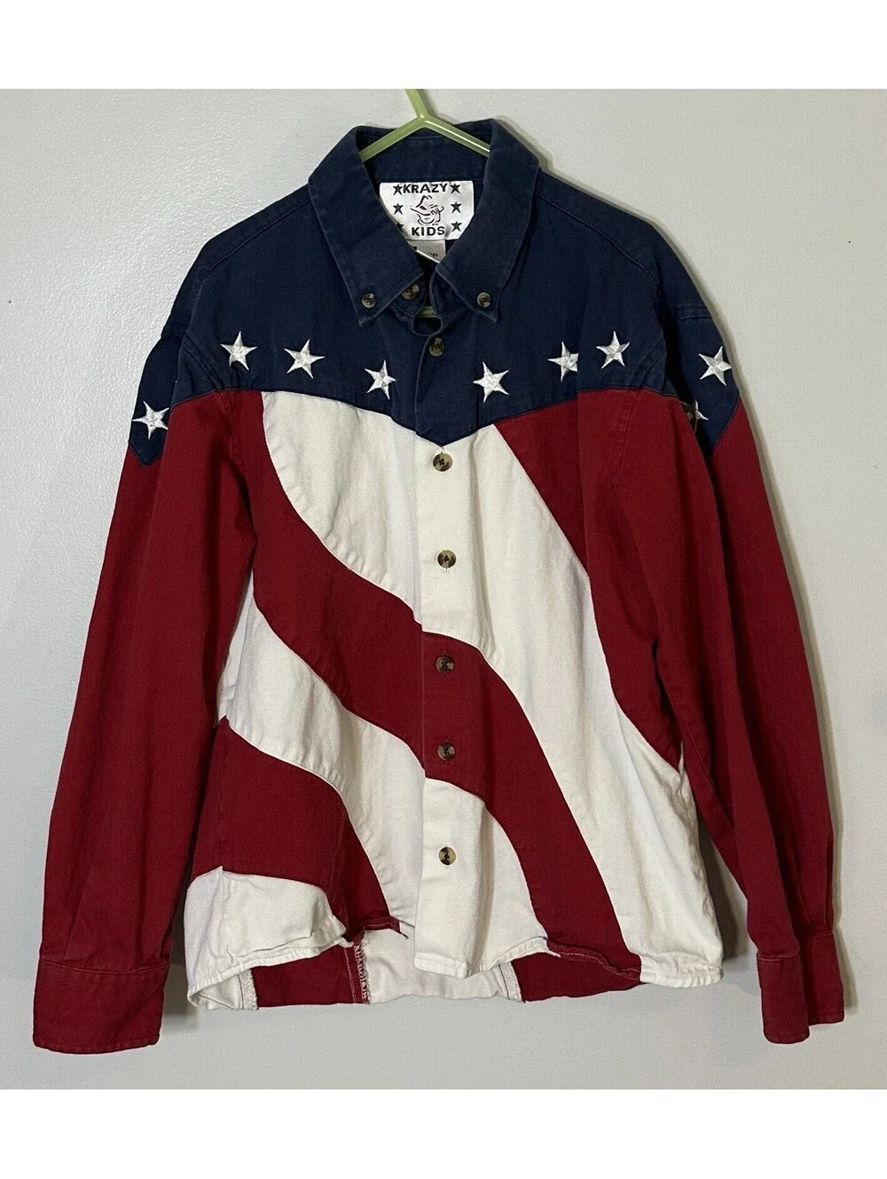 Krazy Kids Vintage Embroidered Rodeo Long Sleeve Stars & Stripes Shirt Large GUC